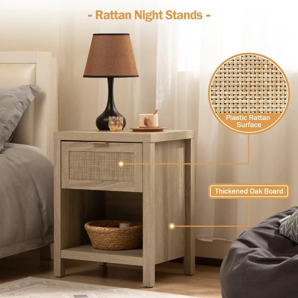 Rattan Nightstand Bedside Table with Drawer and Storage Shelf