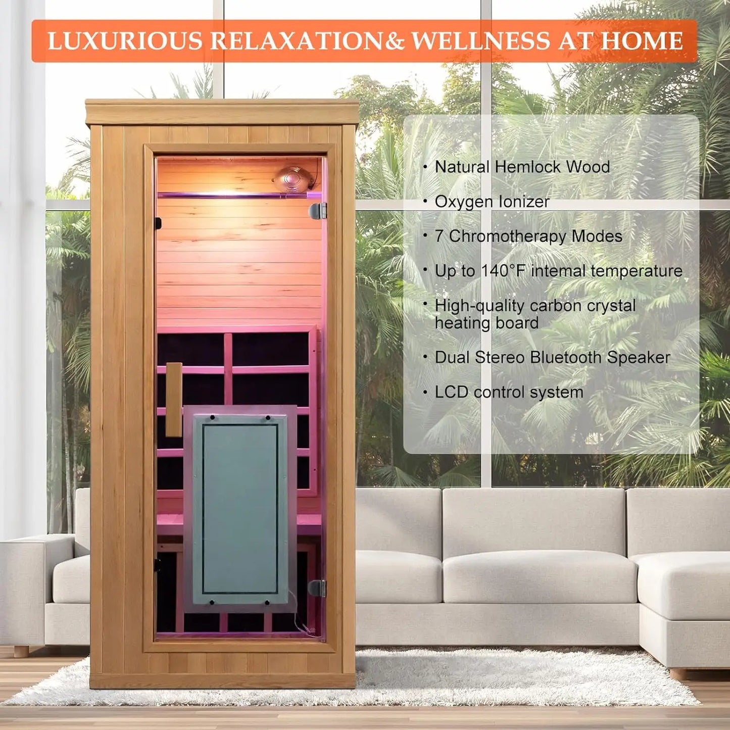 Infrared Sauna 1 Person Home Sauna Canadian Hemlock Indoor Sauna