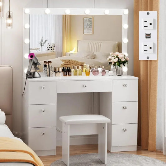 44" Vanity with Lighted Mirror - Makeup Vanity Desk with Power Outlet and 7 Drawers 3 Color Lighting Modes Adjustable Brightness