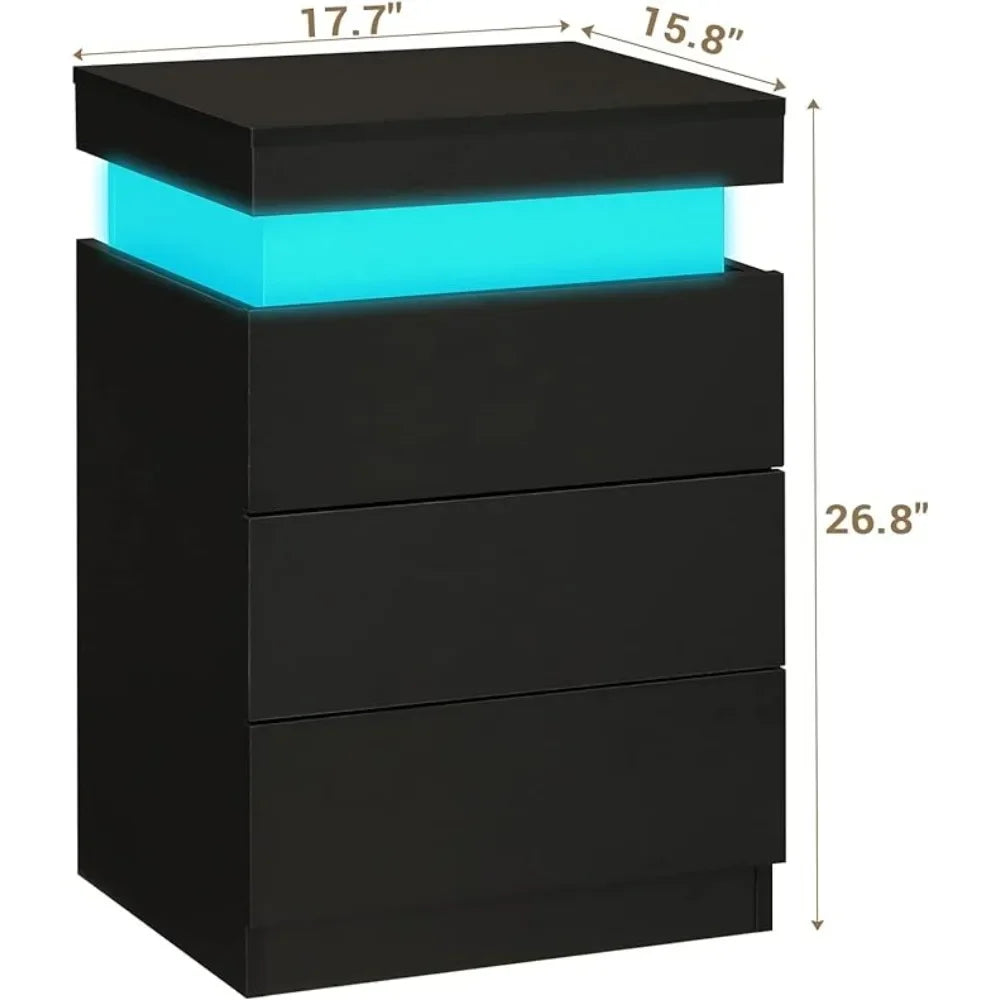 Nightstand w/ Charging Station & LED Lights, Night Stand w/ Sliding Top