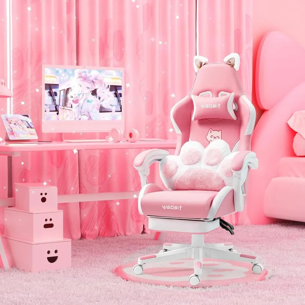 Pink Gaming Chair With Cat Paw Lumbar Cushion