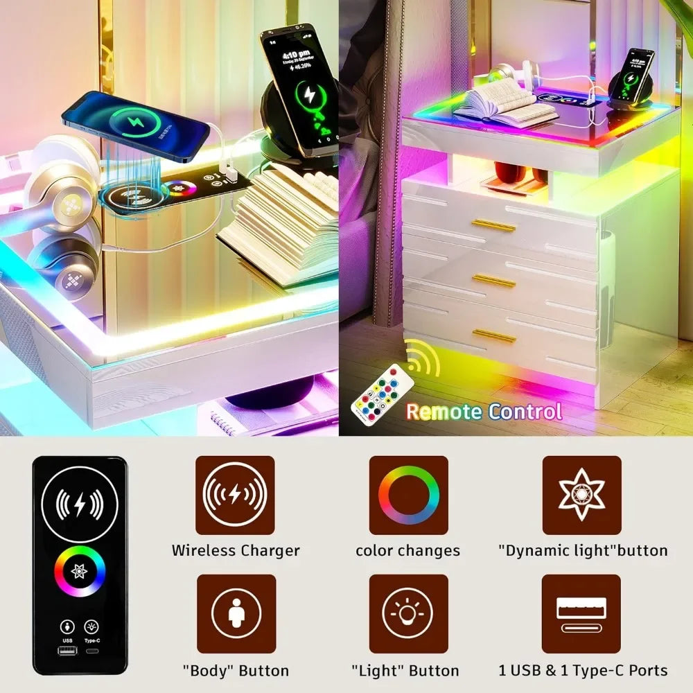 LED Nightstand with Wireless Charging Station & USB Ports