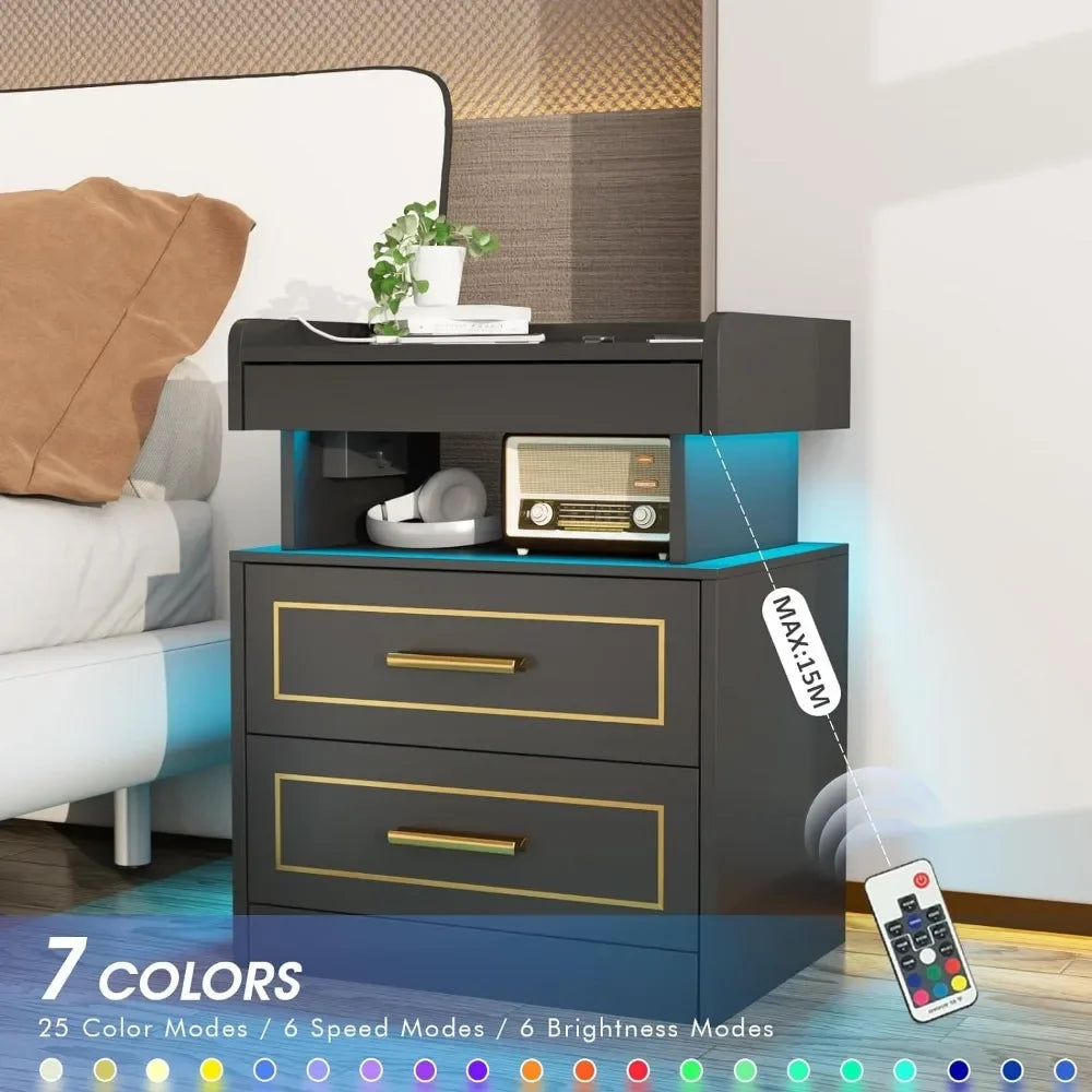 Black Nightstand with Charging Station and LED Lights