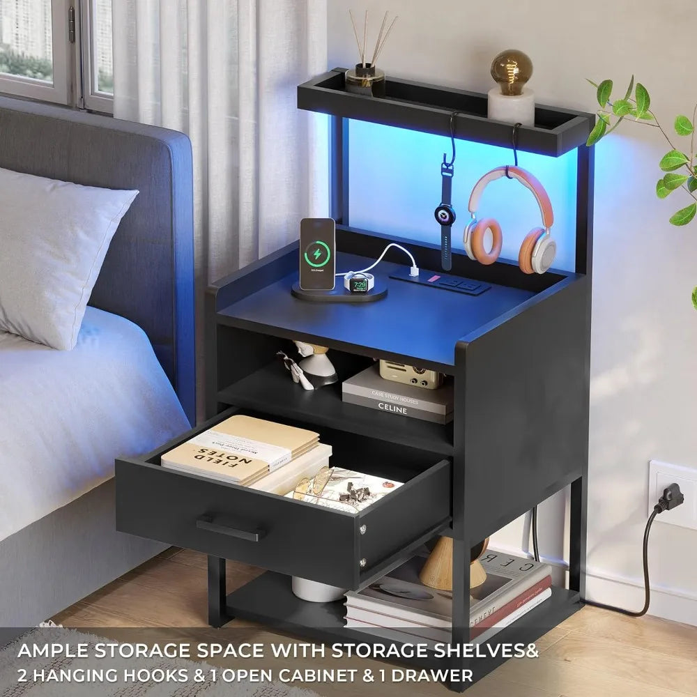 Nightstand with Charging Station and LED Lights