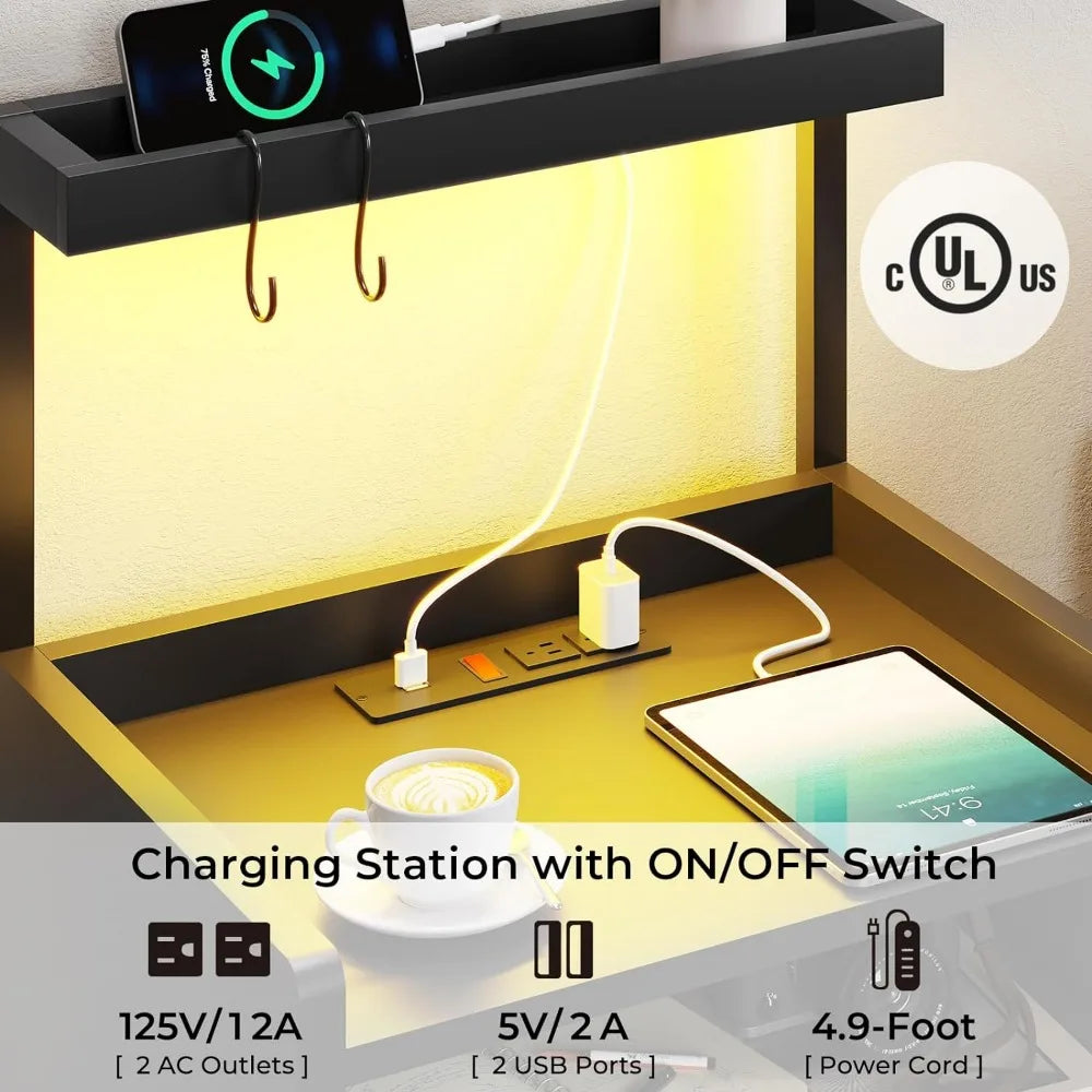 Nightstand with Charging Station and LED Lights