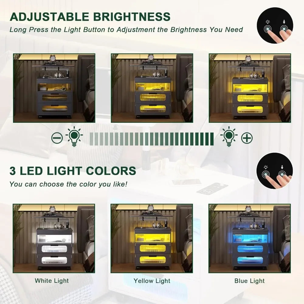 Nightstand with Wireless Charging Station, LED Has Adjustable Rotary