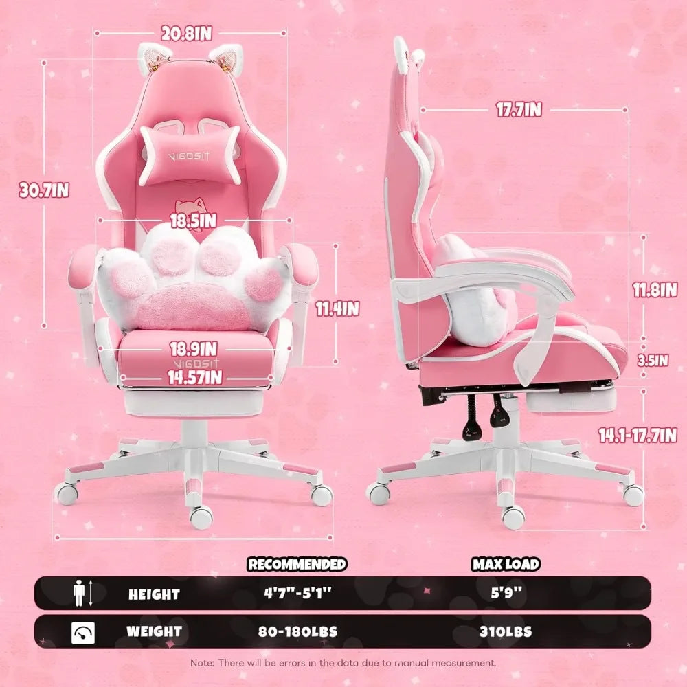 Pink Gaming Chair With Cat Paw Lumbar Cushion