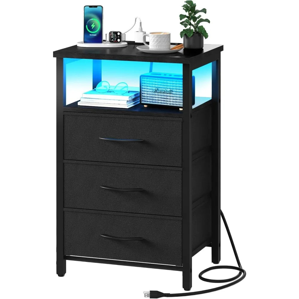 Black Night Stand with LED Lights & Charging Station,