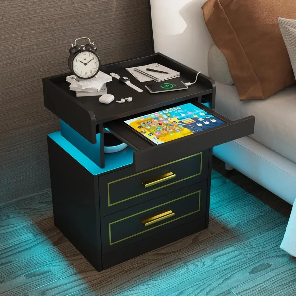 Black Nightstand with Charging Station and LED Lights