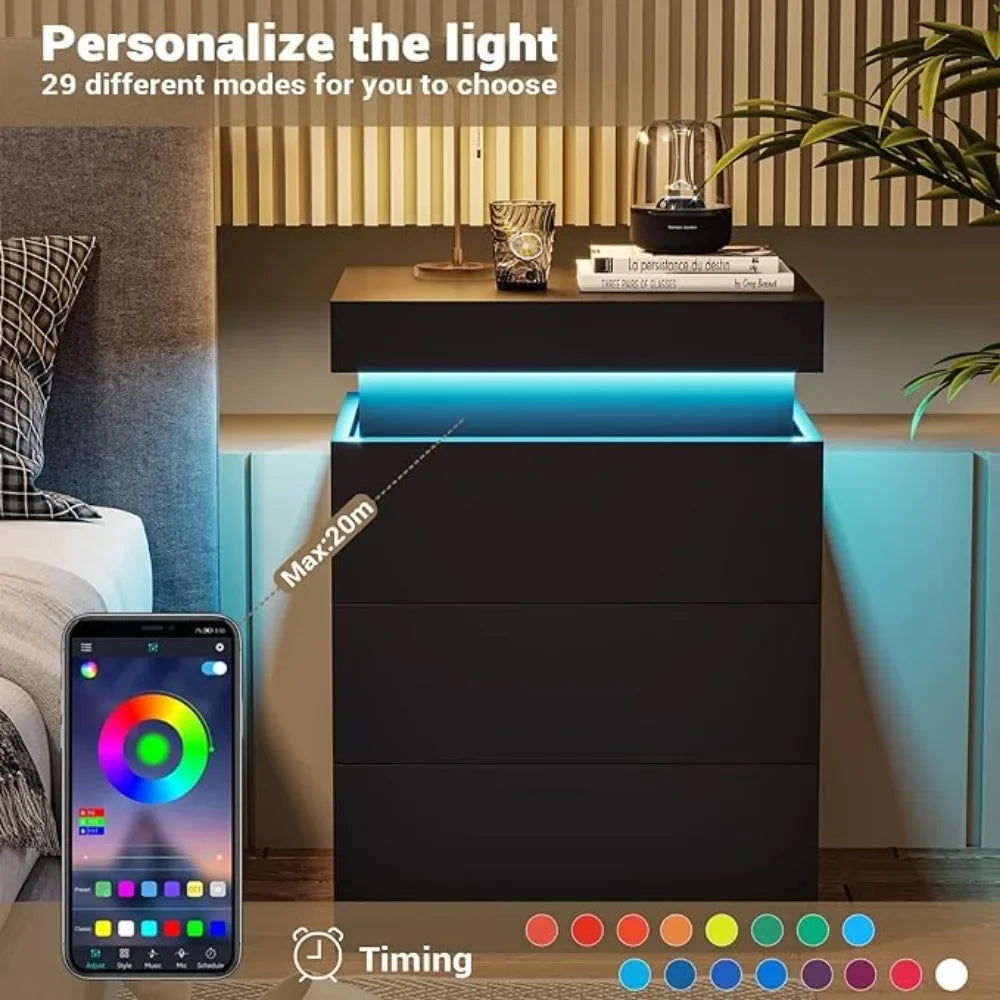 Nightstand w/ Charging Station & LED Lights, Night Stand w/ Sliding Top