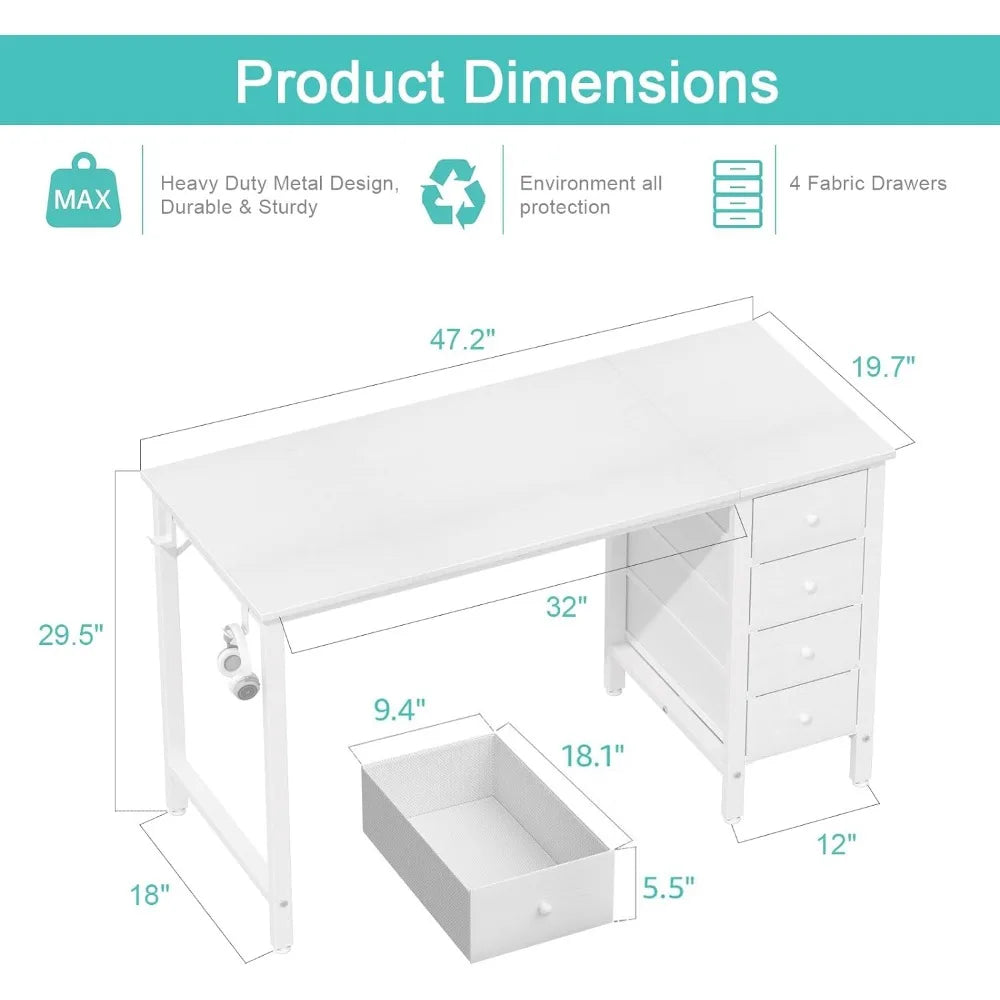 White Computer Desk with Drawers - 47 Inch Desk