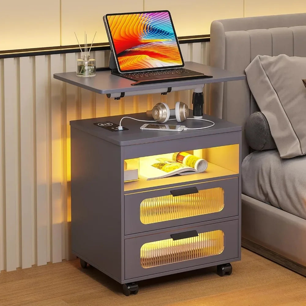 Nightstand with Wireless Charging Station, LED Has Adjustable Rotary