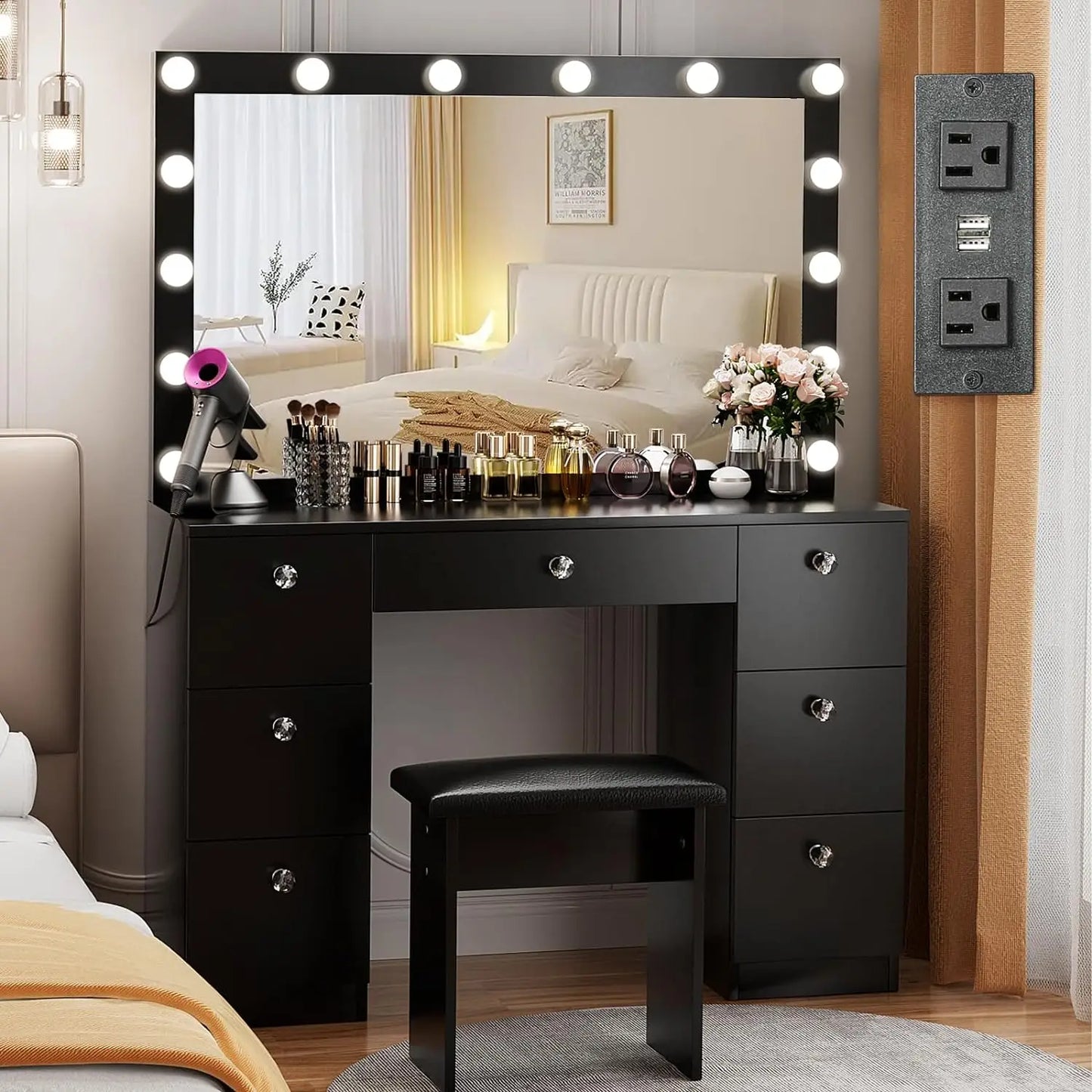 Vanity with Lighted Mirror - Makeup Vanity Desk with Mirror, Power Outlet and Drawers, Dressing Table With Color Lighting Modes