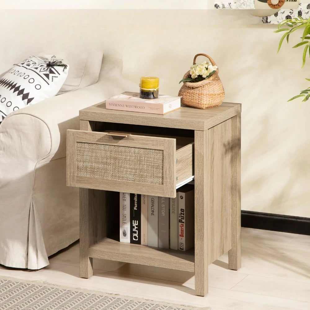 Rattan Nightstand Bedside Table with Drawer and Storage Shelf