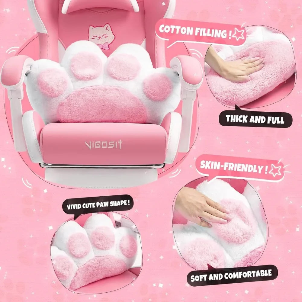 Pink Gaming Chair With Cat Paw Lumbar Cushion