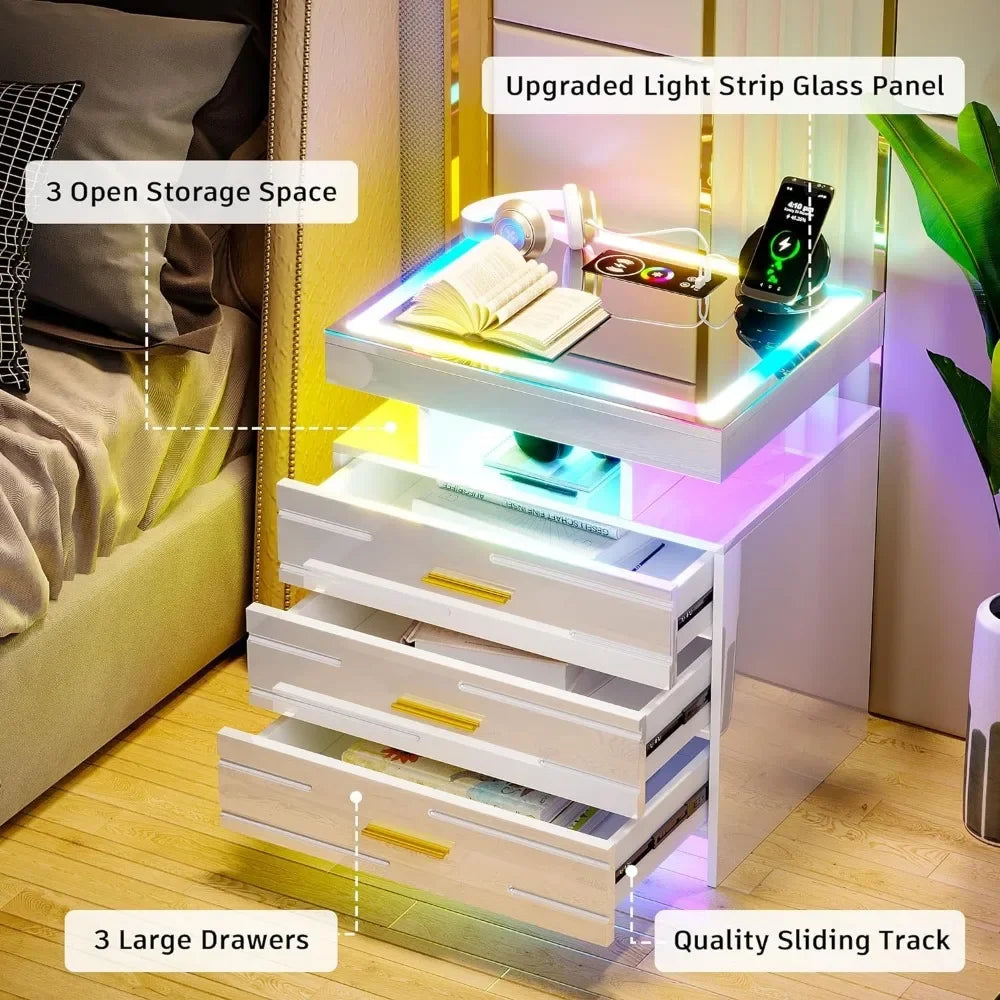 LED Nightstand with Wireless Charging Station & USB Ports