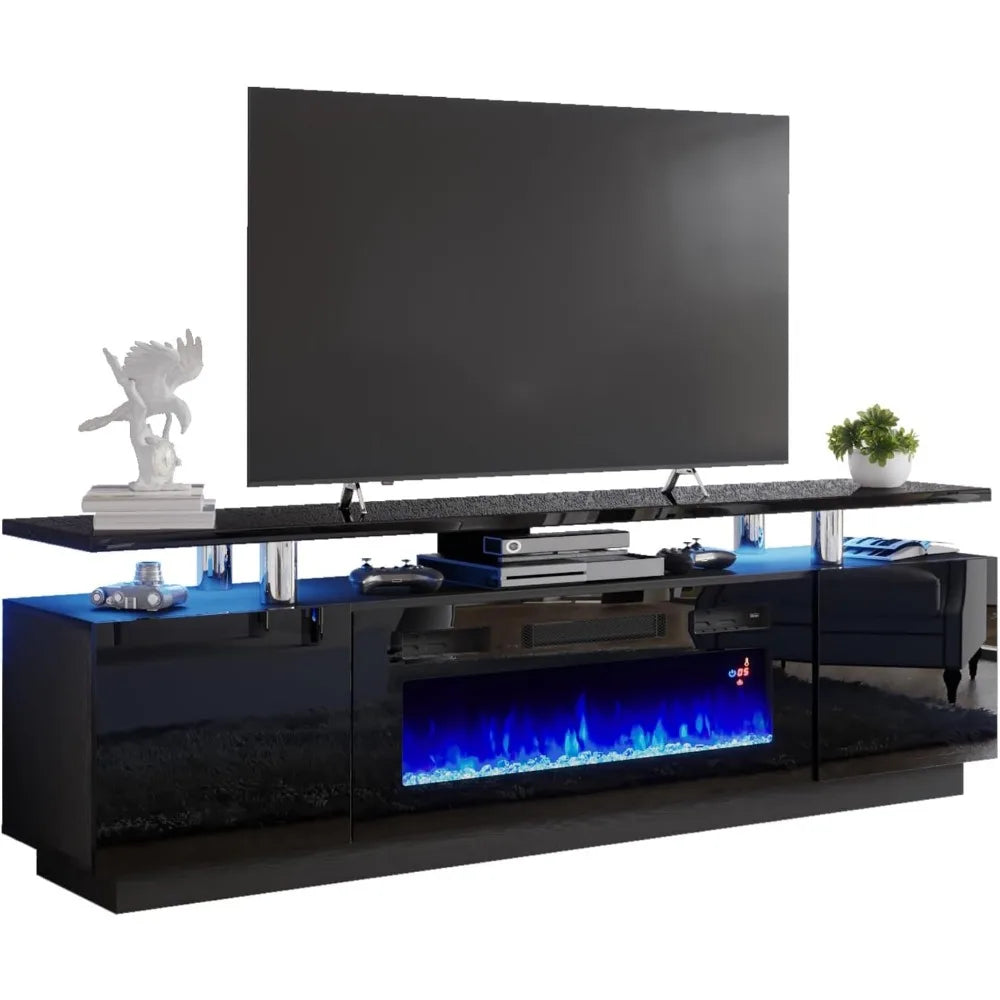 TV Stand with 36" Fireplace, 70" Modern High Gloss Fireplace Entertainment Center with LED Lights