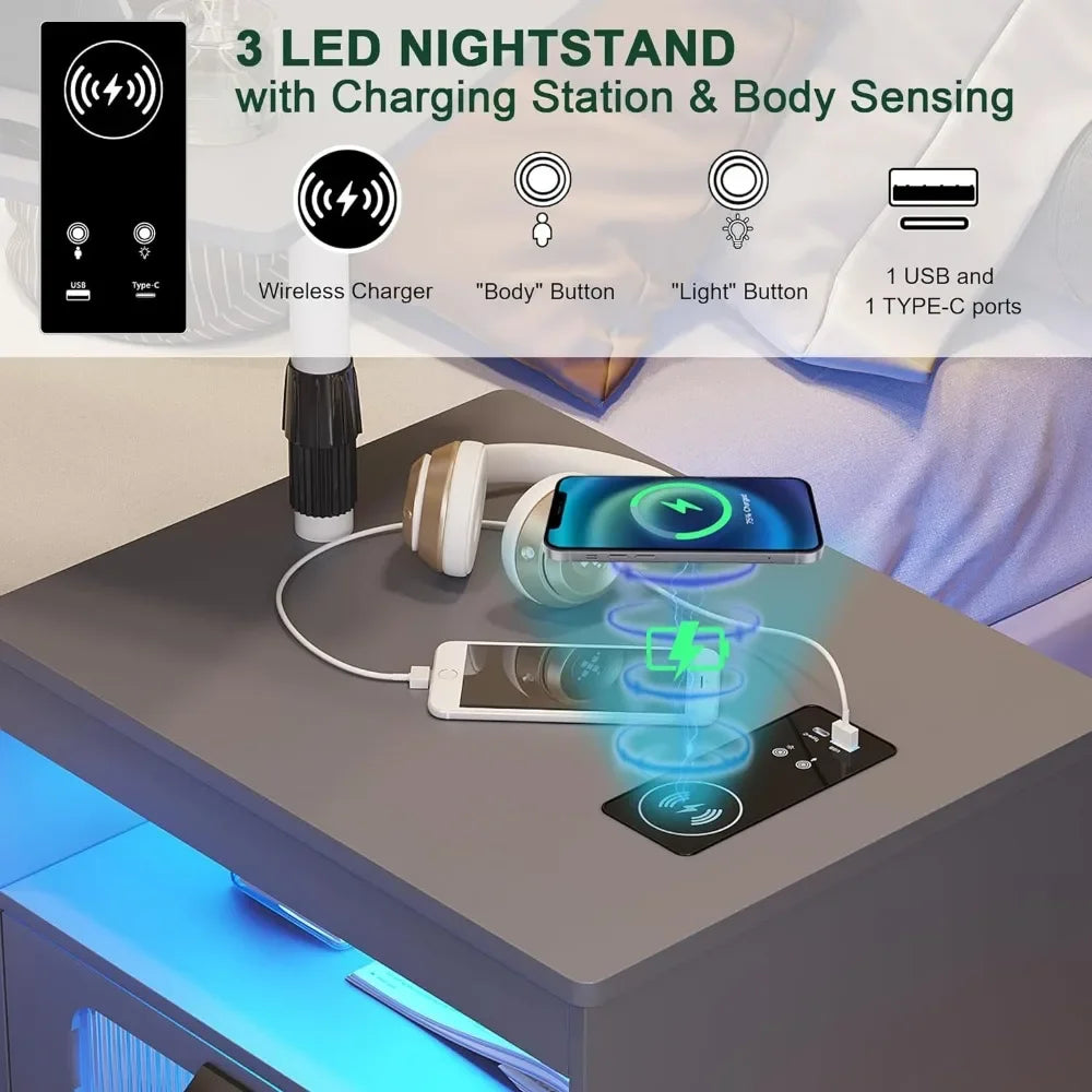 Nightstand with Wireless Charging Station, LED Has Adjustable Rotary