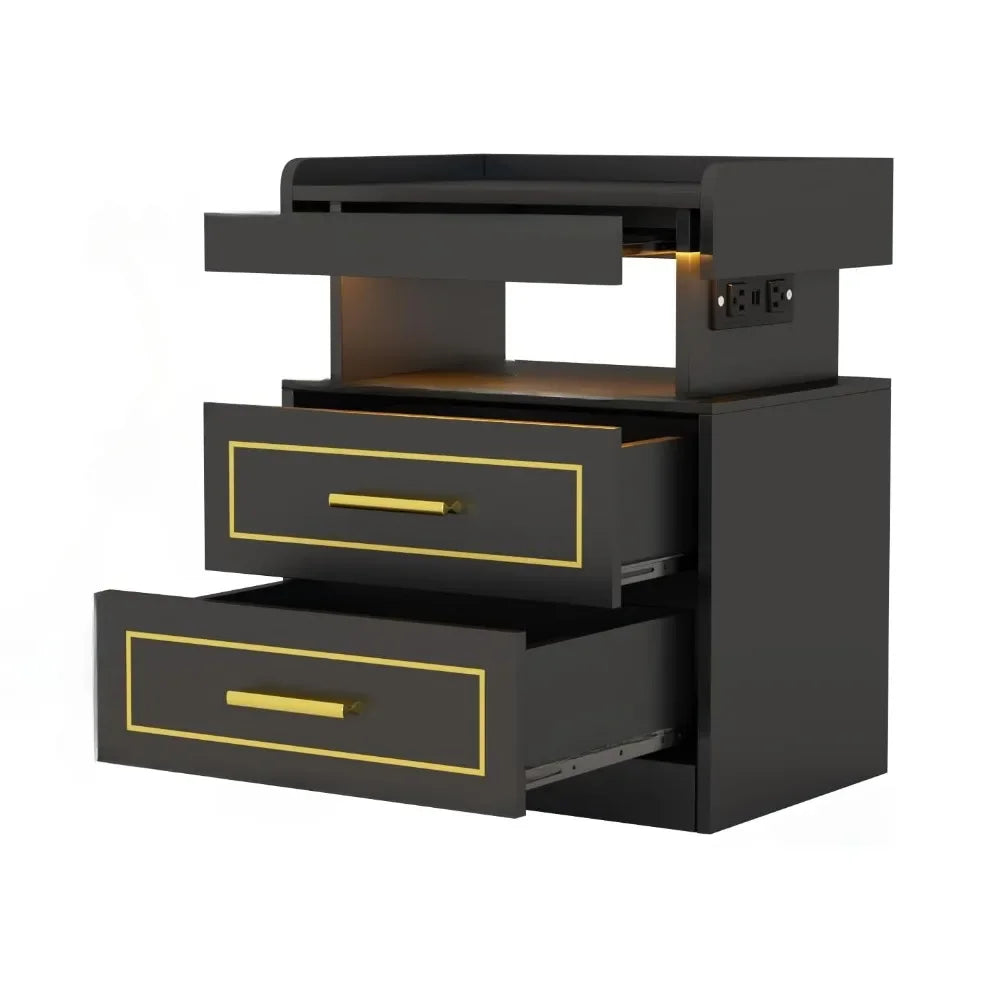 Black Nightstand with Charging Station and LED Lights