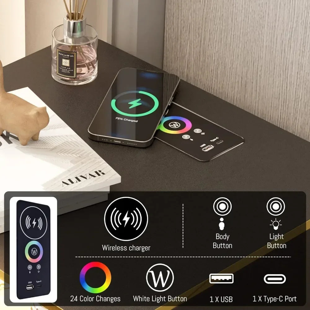 RGB Nightstand with Wireless Charging Station, USB & Type-C Port, Night Stand