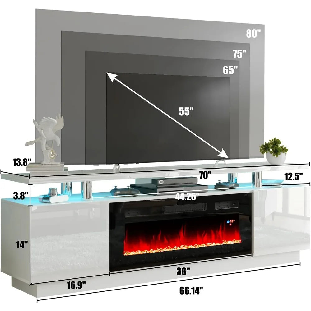 TV Stand with 36" Fireplace, 70" Modern High Gloss Fireplace Entertainment Center LED Lights