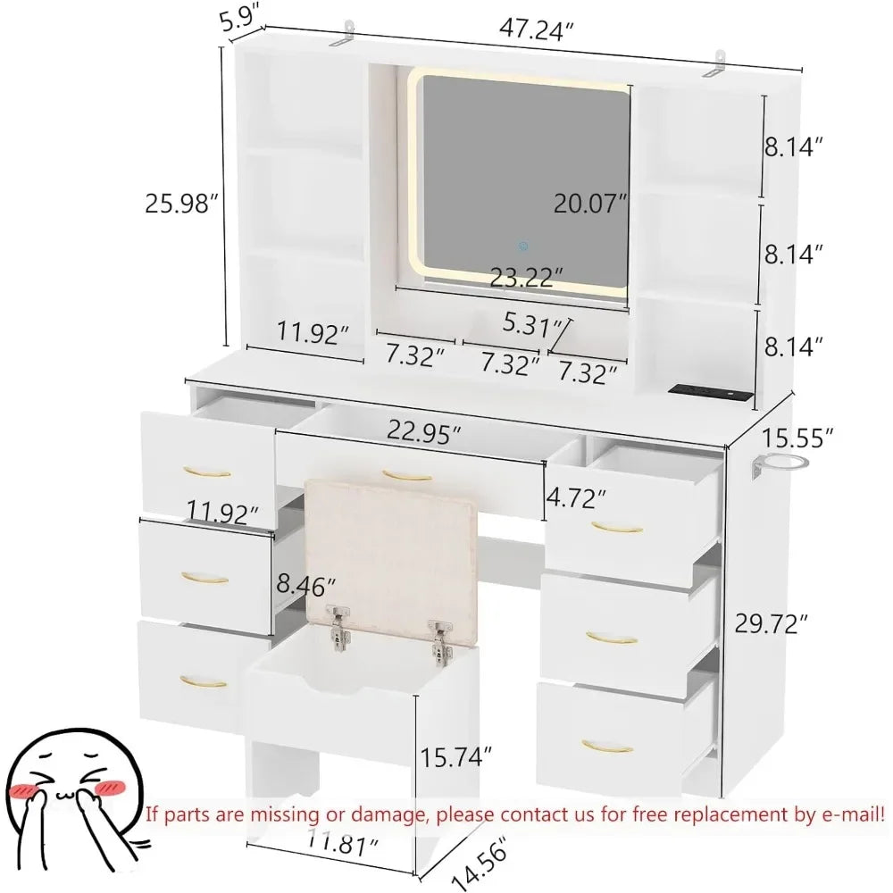 Air Dresser LED White Vanity Set With Stool and Power Outlet Bedroom Furniture Home Makeup Vanity Table Girls(White) Furnitures