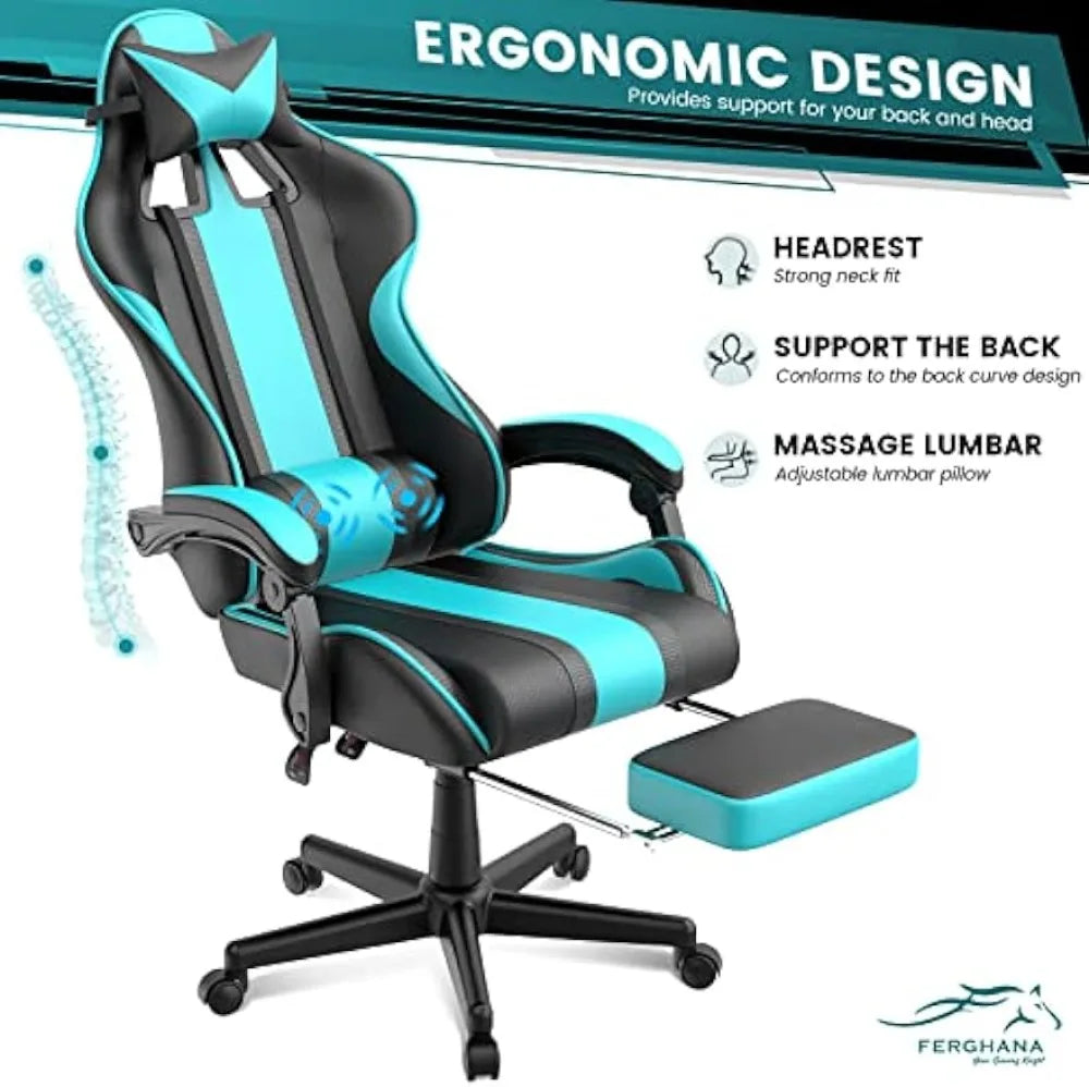 Blue Gaming Chair with Footrest Ergonomic Gamer Chair