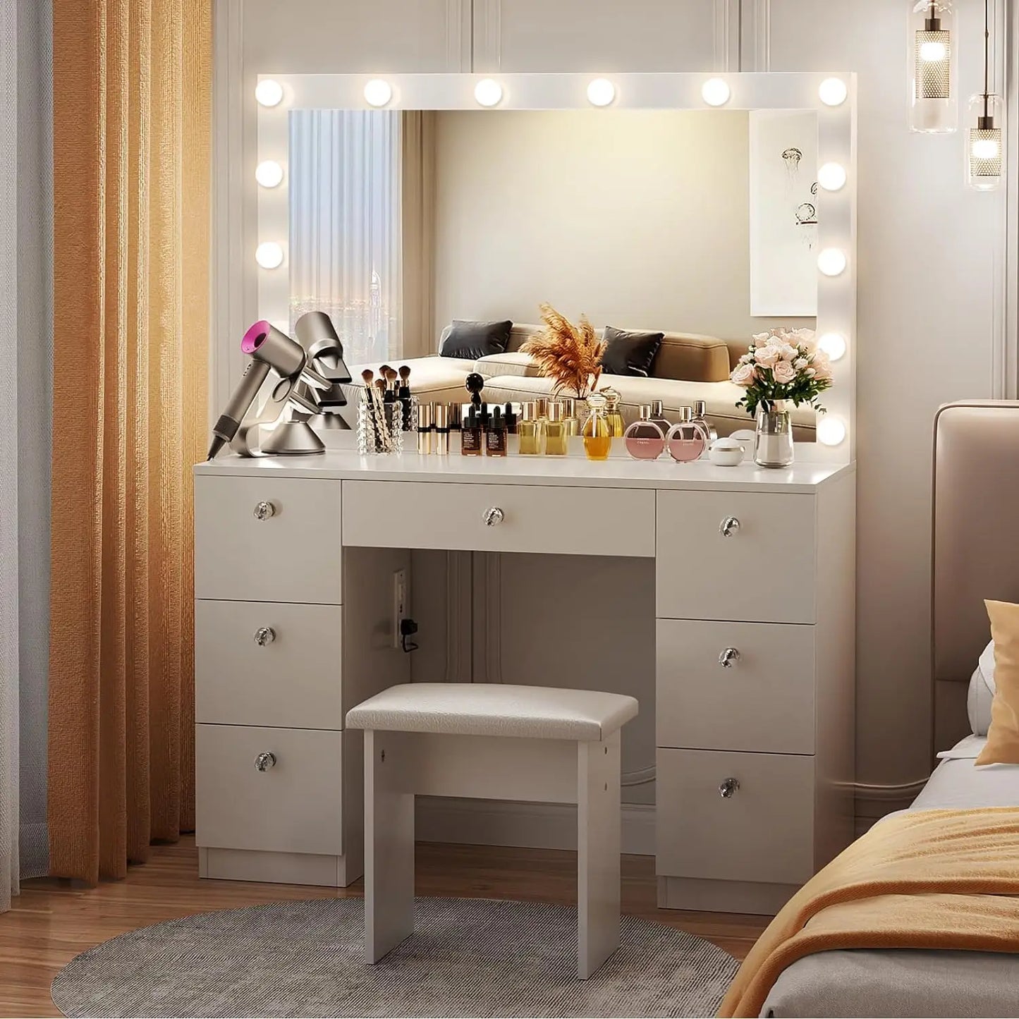 Vanity with Lighted Mirror - Makeup Vanity Desk with Mirror, Power Outlet and Drawers, Dressing Table With Color Lighting Modes