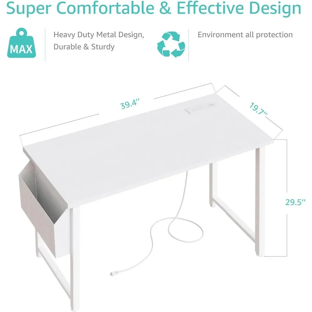 39 Inch White Computer Desk With Power Outlet