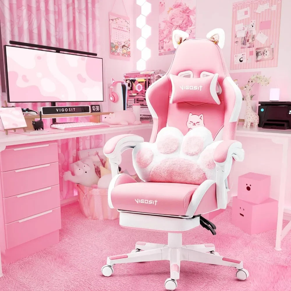 Pink Gaming Chair With Cat Paw Lumbar Cushion