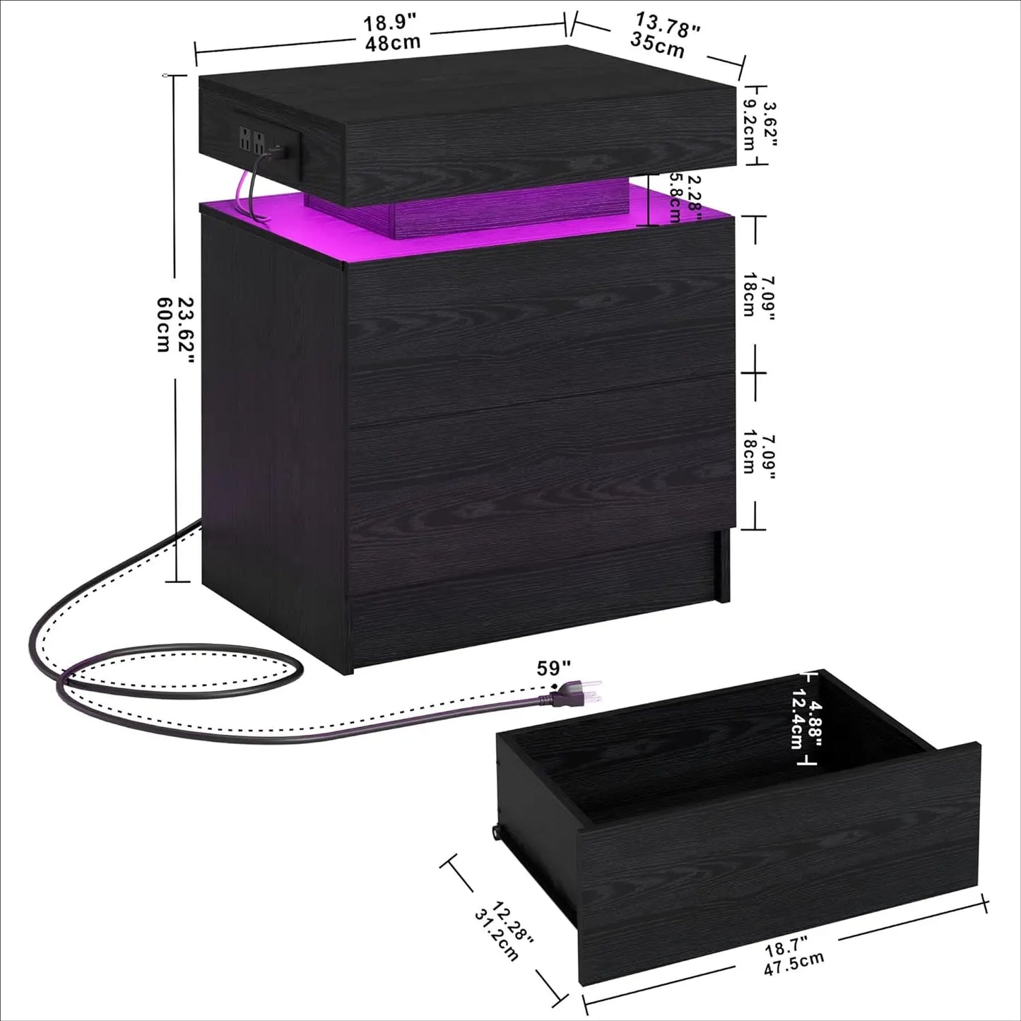 Night Stand with Charging Station, Modern Black Nightstand with LED Light