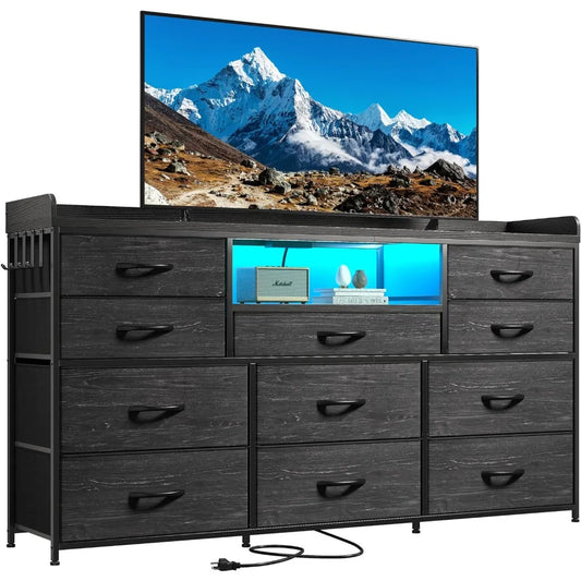 EnHomee Dresser TV Stand with 11 Drawers for 60" TV Stand with LED Lights