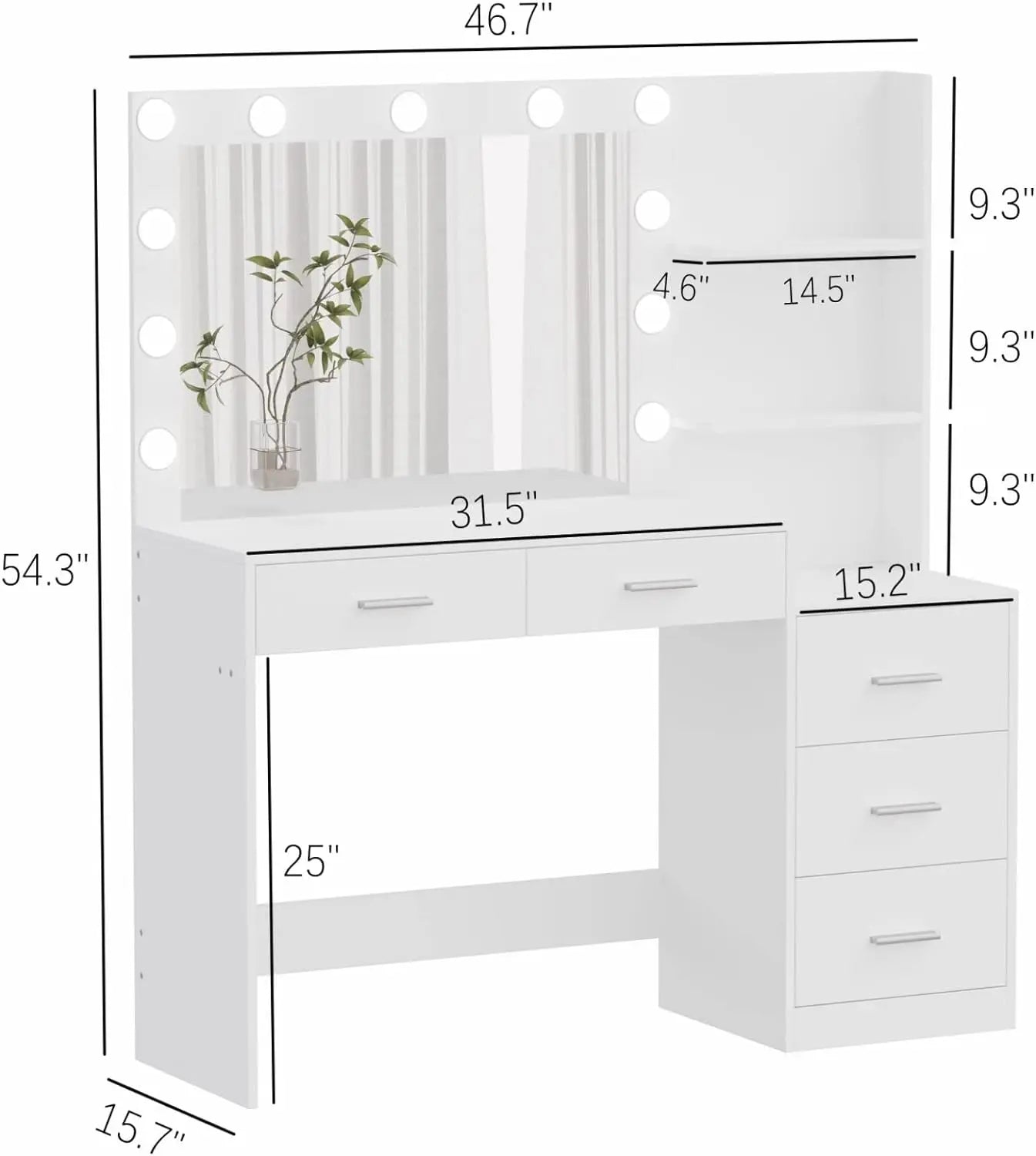 Rovaurx 46.7" Makeup Vanity Table with Lighted Mirror, Large Vanity Desk with Storage Shelf & 5 Drawers, Bedroom Dressing Table