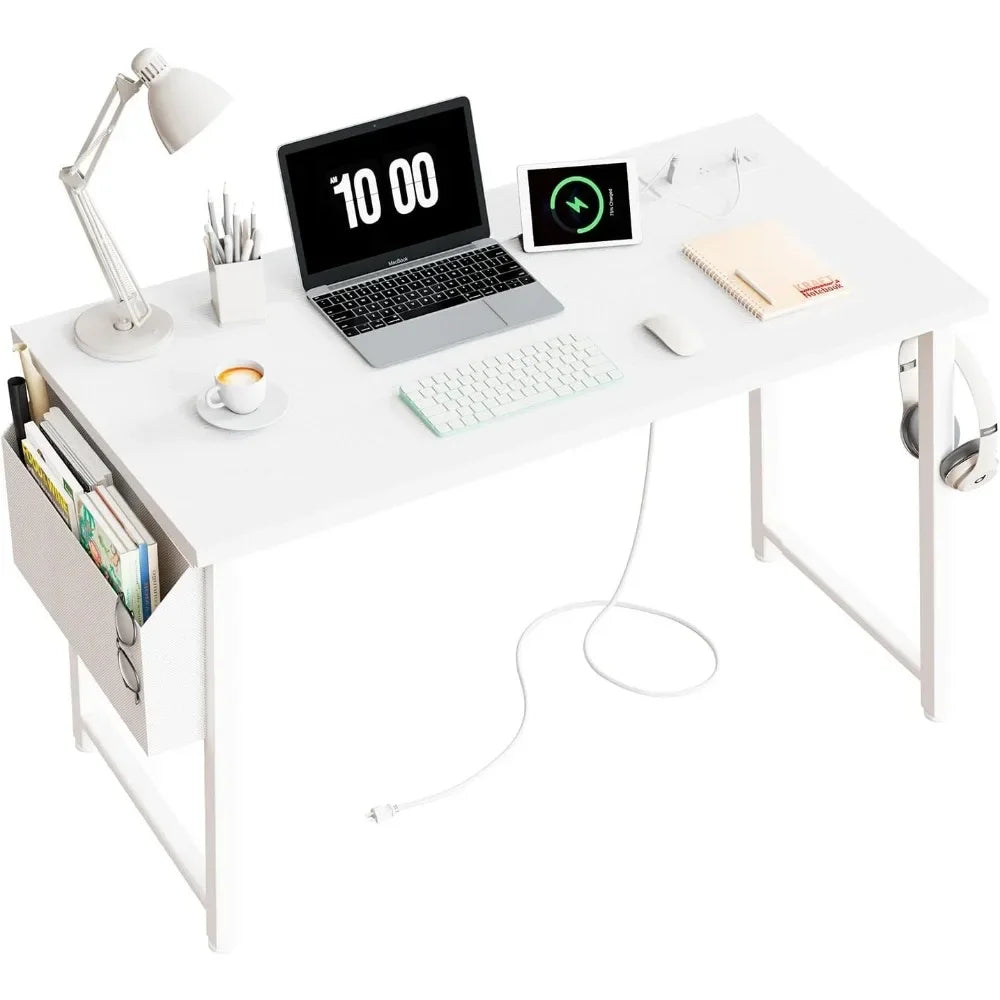 39 Inch White Computer Desk With Power Outlet