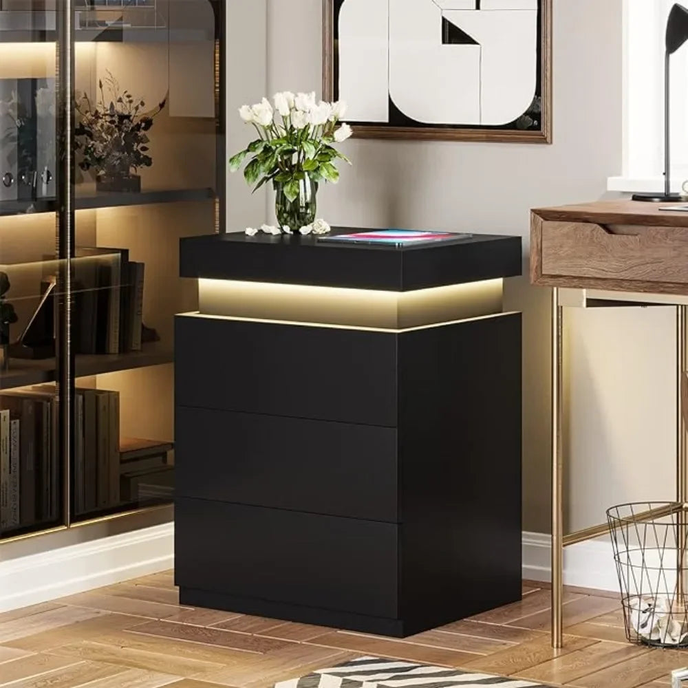 Nightstand w/ Charging Station & LED Lights, Night Stand w/ Sliding Top