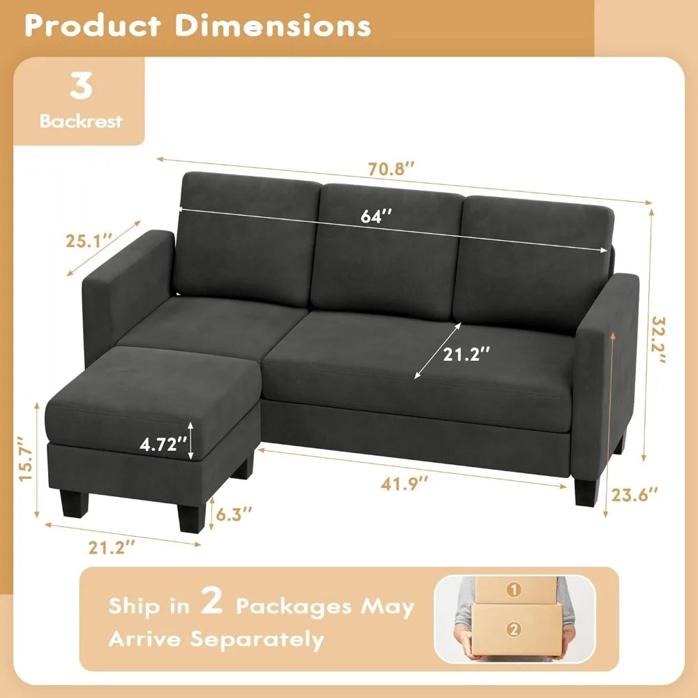 3 Seat L-Shaped Sofa With Linen Fabric Movable Small Couch