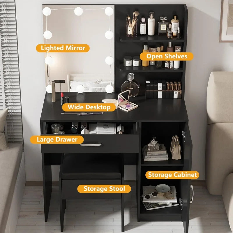 Makeup Vanity with Lighted Mirror, Desk Drawer and Storage Cabinet