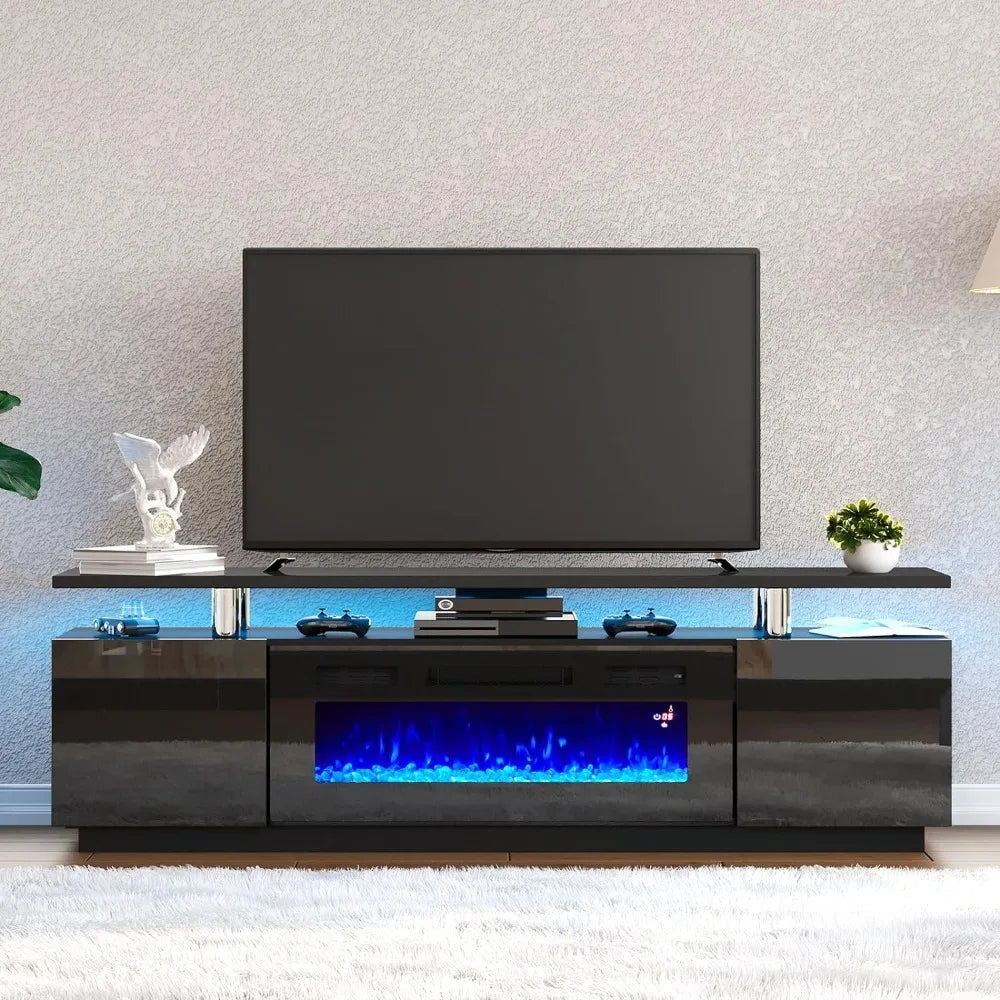 TV Stand with 36" Fireplace, 70" Modern High Gloss Fireplace Entertainment Center with LED Lights