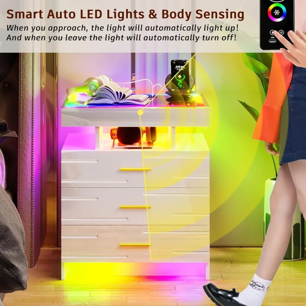 LED Nightstand with Wireless Charging Station & USB Ports