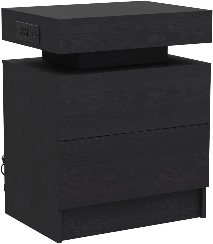 Night Stand with Charging Station, Modern Black Nightstand with LED Light