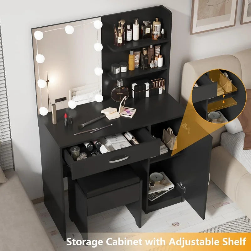 Makeup Vanity with Lighted Mirror, Desk Drawer and Storage Cabinet