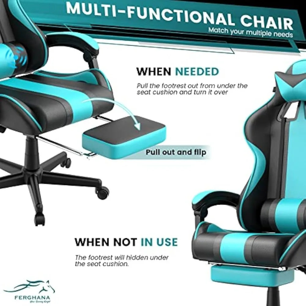 Blue Gaming Chair with Footrest Ergonomic Gamer Chair