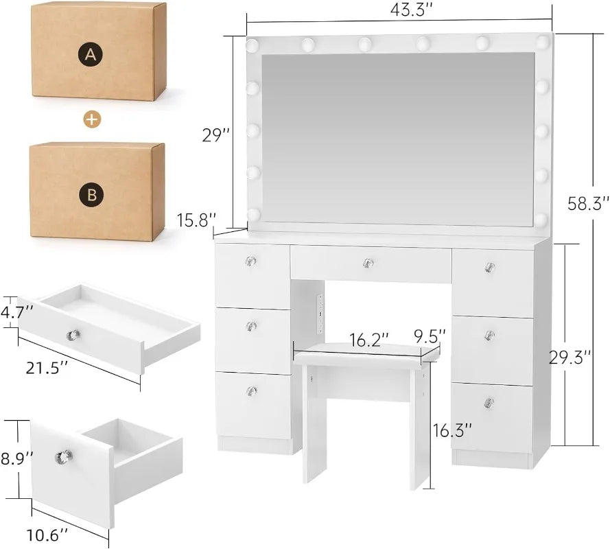 44" Vanity with Lighted Mirror - Makeup Vanity Desk with Power Outlet and 7 Drawers 3 Color Lighting Modes Adjustable Brightness