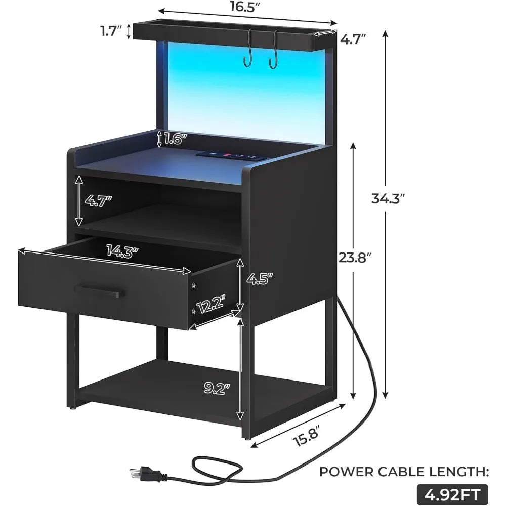 Nightstand with Charging Station and LED Lights