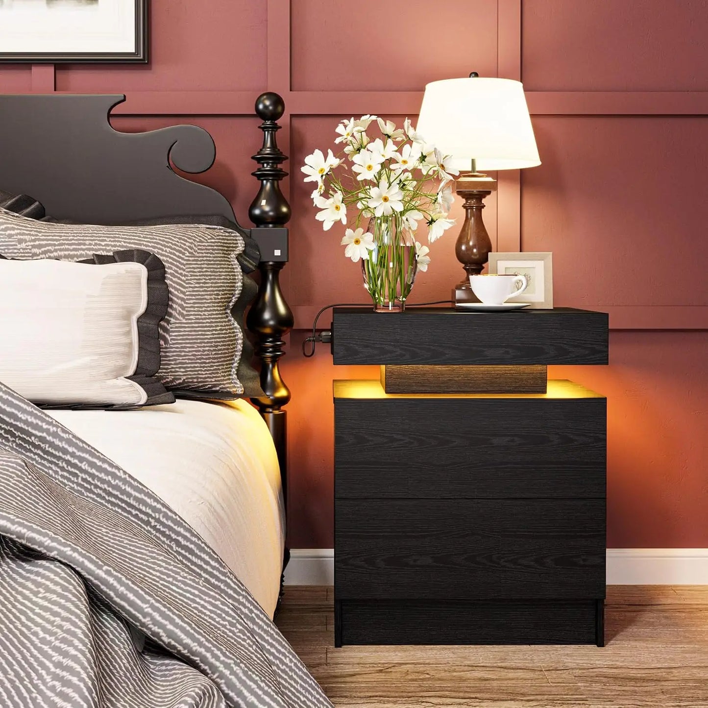 Night Stand with Charging Station, Modern Black Nightstand with LED Light