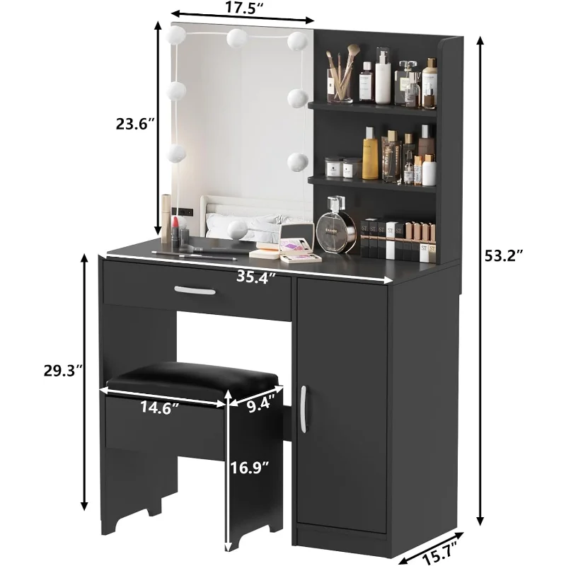 Makeup Vanity with Lighted Mirror, Desk Drawer and Storage Cabinet