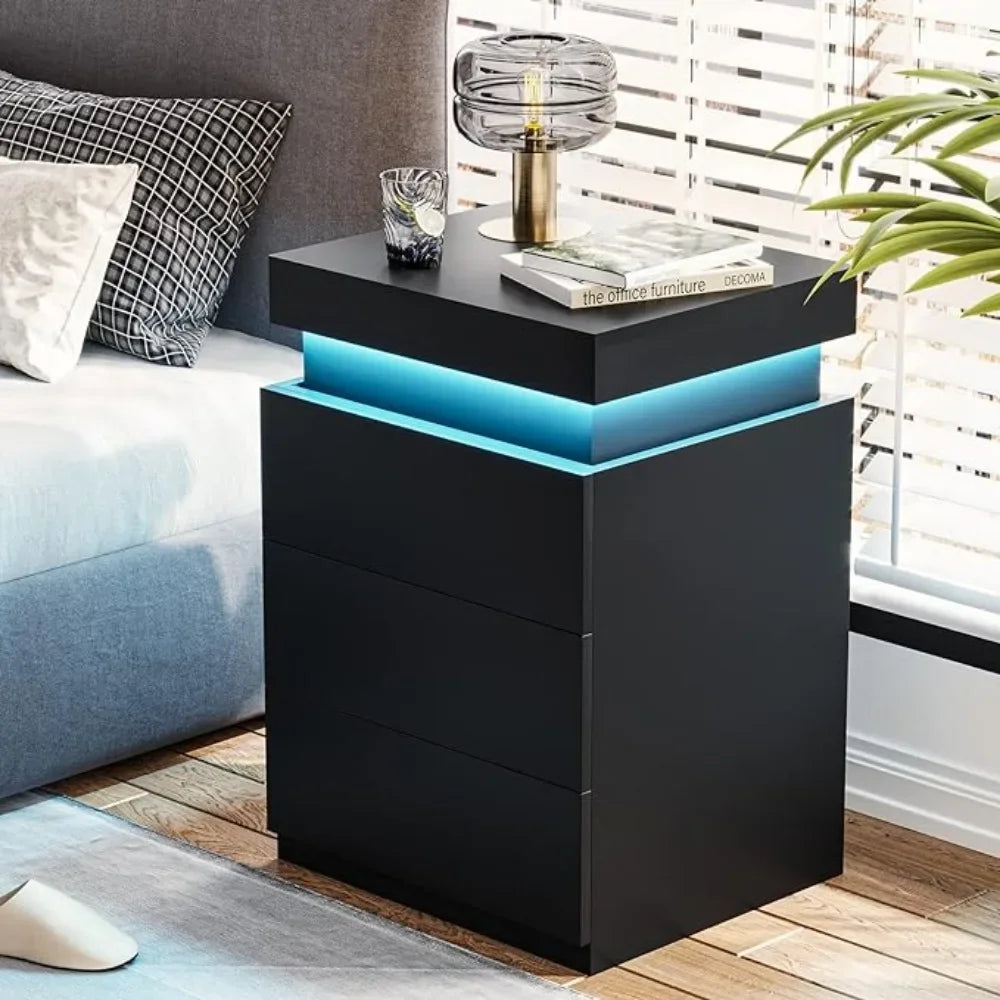 Nightstand w/ Charging Station & LED Lights, Night Stand w/ Sliding Top