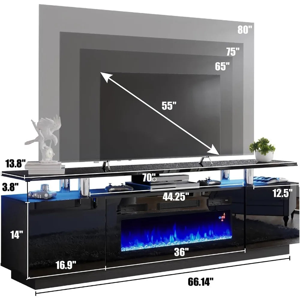 TV Stand with 36" Fireplace, 70" Modern High Gloss Fireplace Entertainment Center with LED Lights