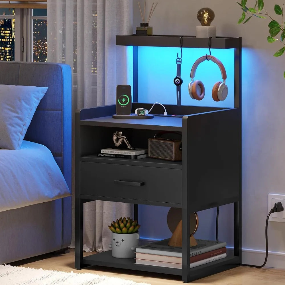 Nightstand with Charging Station and LED Lights