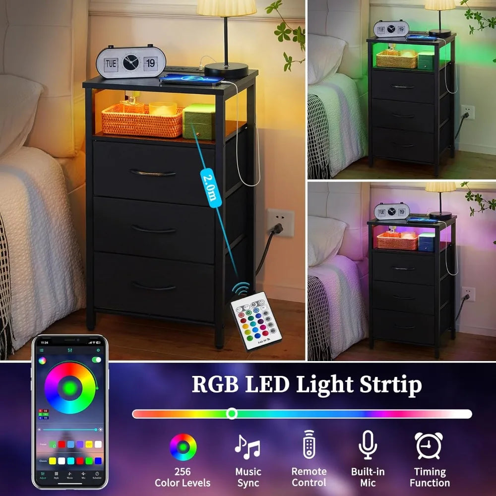 Black Night Stand with LED Lights & Charging Station,